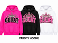 GGOAT Varsity Hoodie in hot pink, black and white with final jeweled crown-and-hearts logo