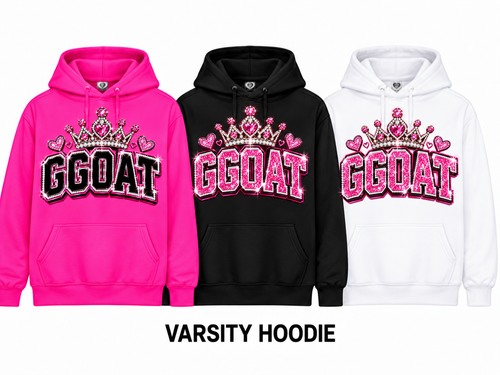 GGOAT Varsity Hoodie in hot pink, black and white with final jeweled crown-and-hearts logo